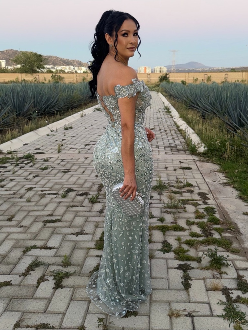 Sage Green Sequin Off Shoulder Formal Gown | Prom Evening Dress L